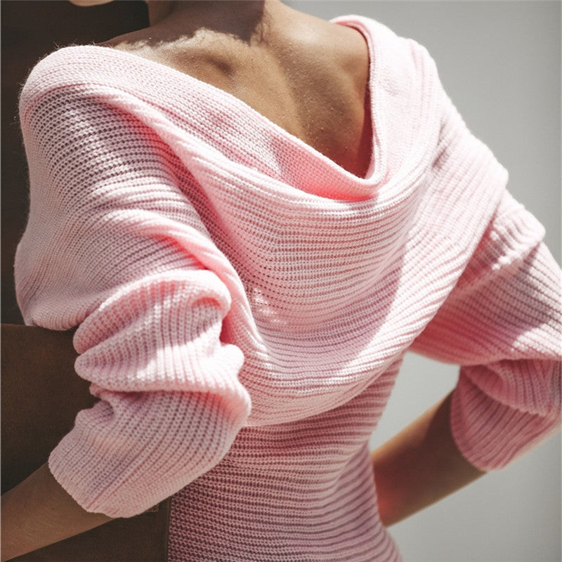 Donna - Elegante maglione casual in maglia con scollo profondo