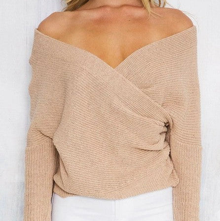 Donna - Elegante maglione casual in maglia con scollo profondo