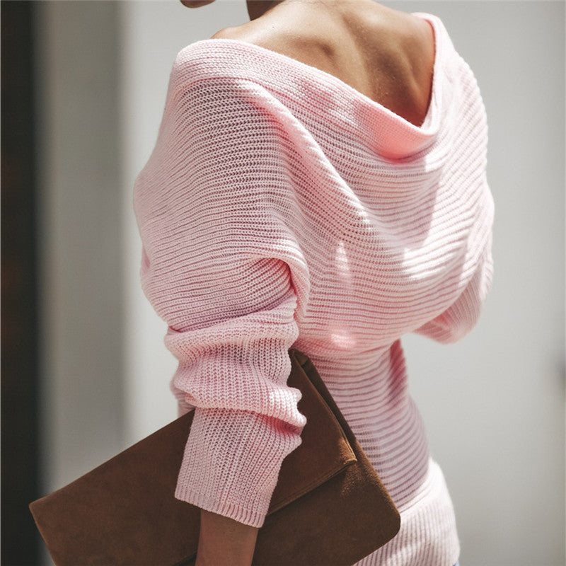Donna - Elegante maglione casual in maglia con scollo profondo