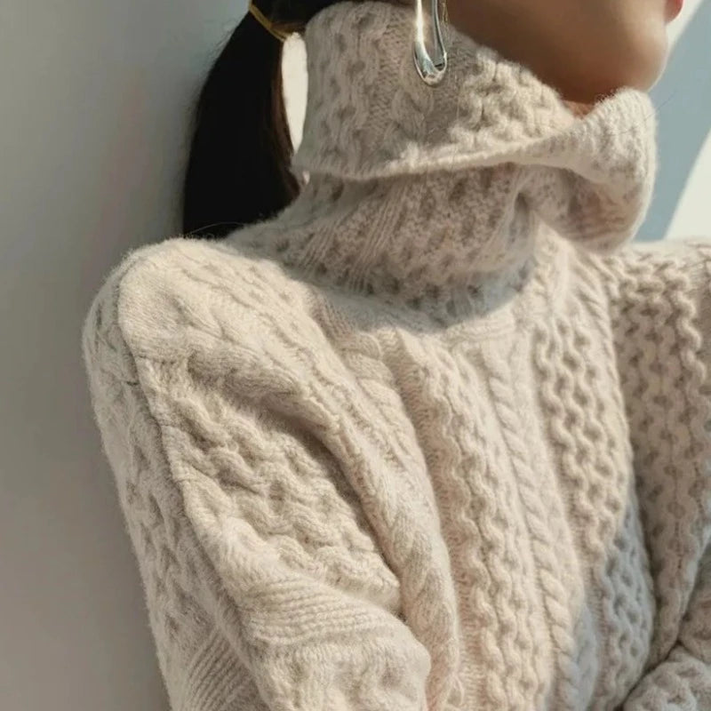 Donna - Maglione invernale in maglia a cavi - Stile collo arrotolato