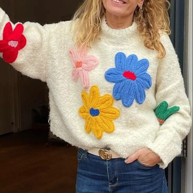 Donna - Maglia floreale bianca oversize - Maglia a maglia grossa