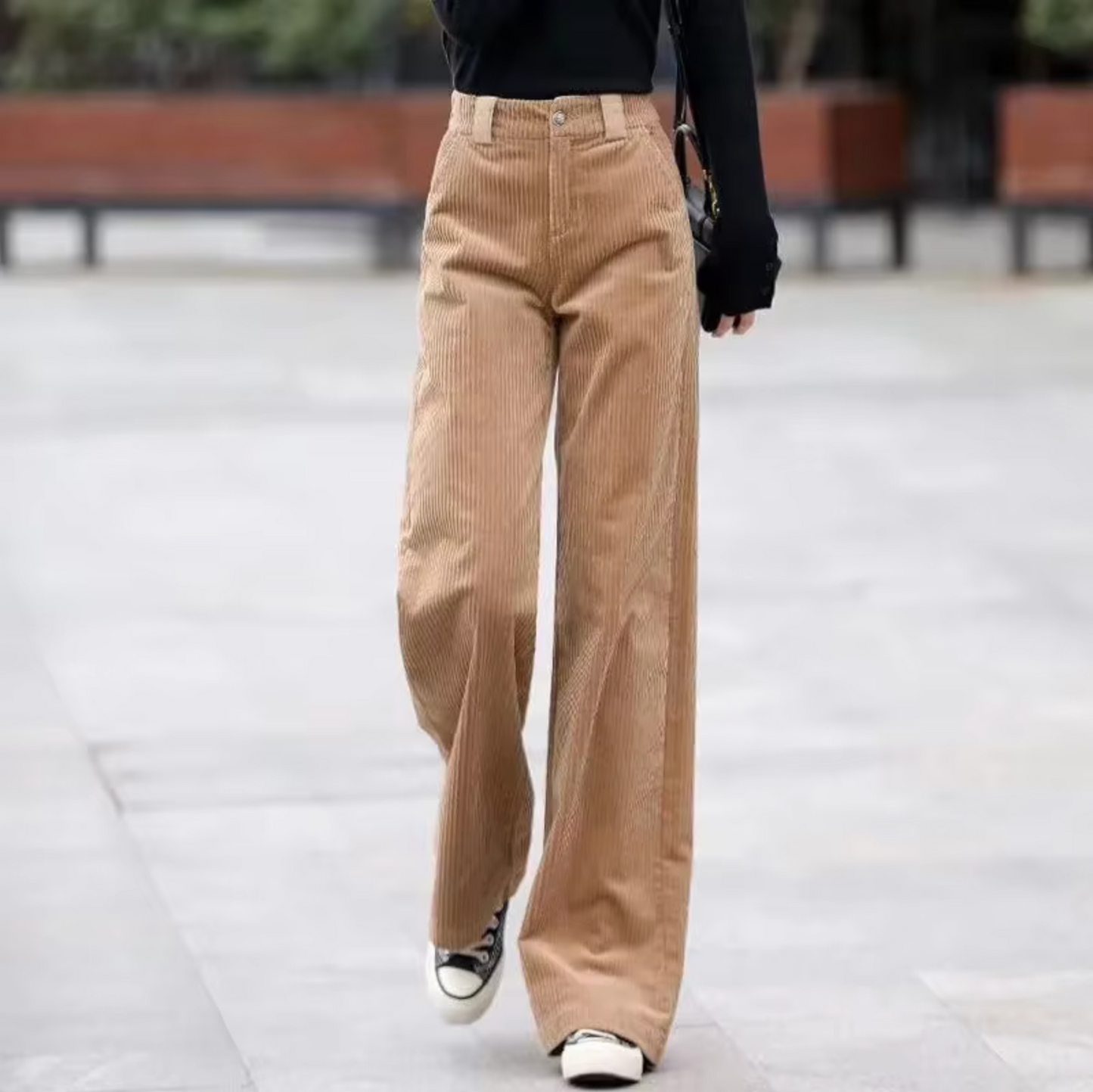 Donna - Pantaloni a vita alta in velluto a coste colore kaki