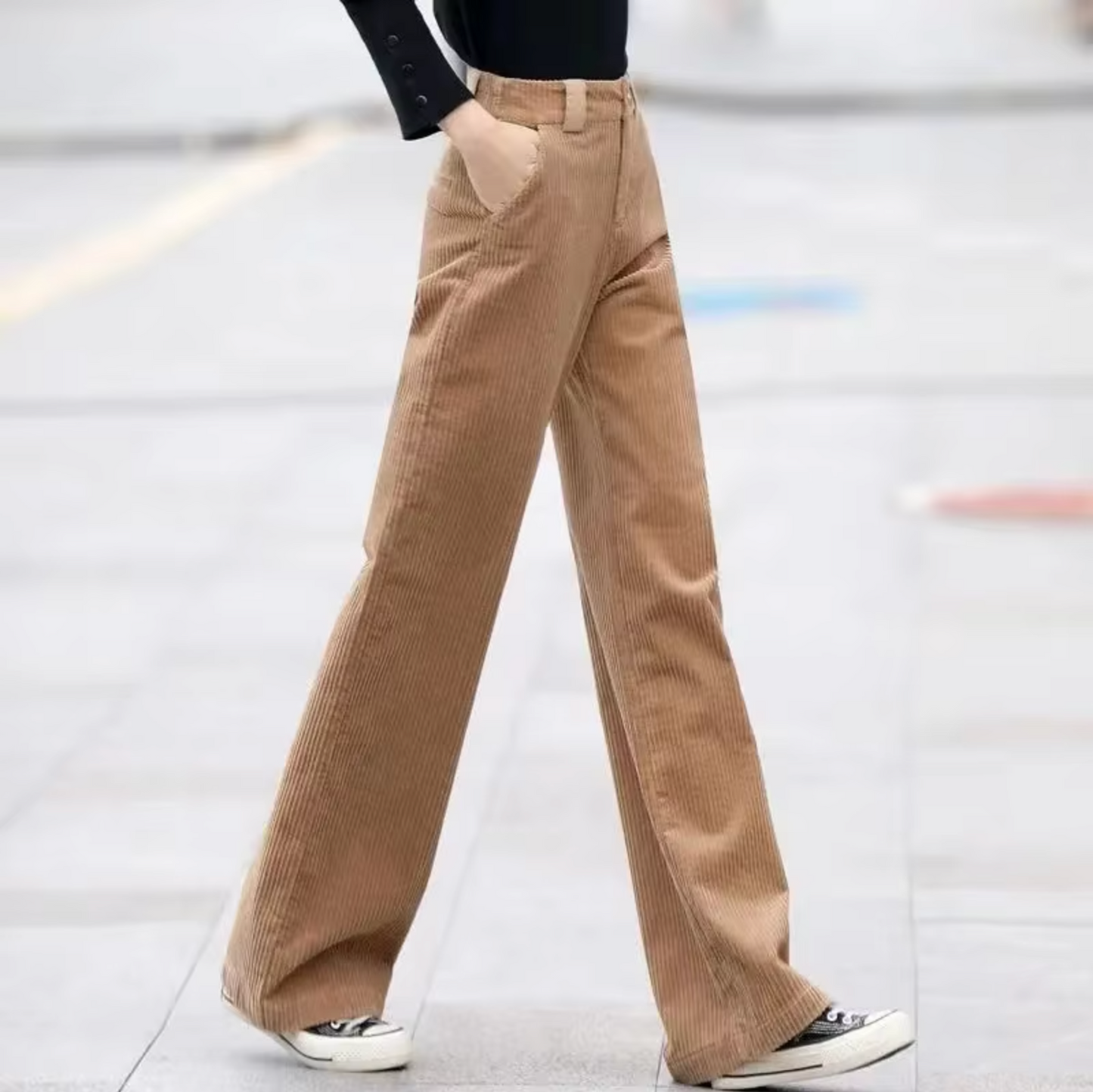 Donna - Pantaloni a vita alta in velluto a coste colore kaki