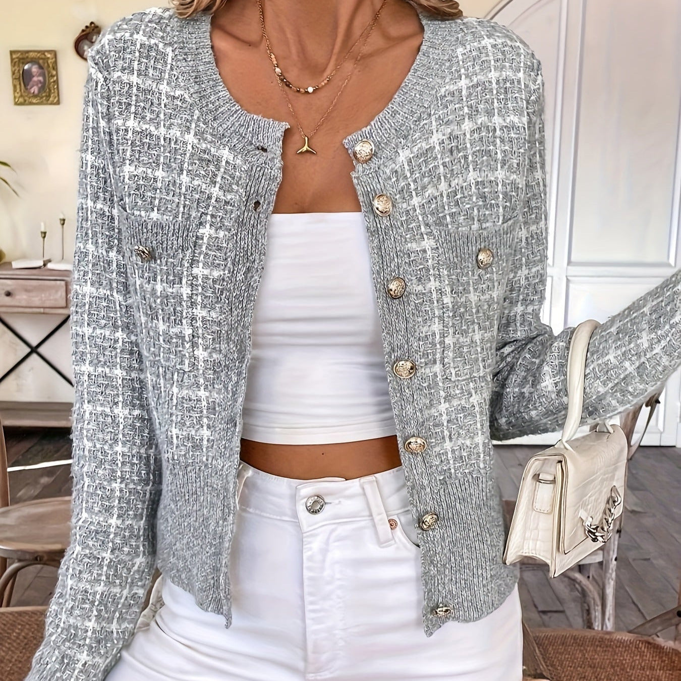 Donna - Cardigan a quadri - Chiusura con bottoni