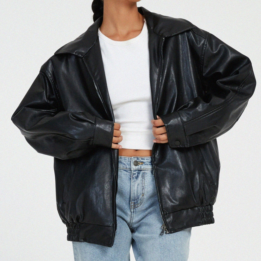 Donna - Giacca in pelle rilassata - Collo alto con zip