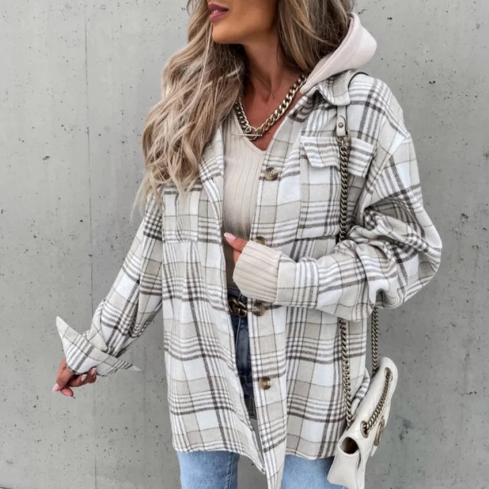 Donna - Giacca con cappuccio a quadri - Abbigliamento casual autunnale