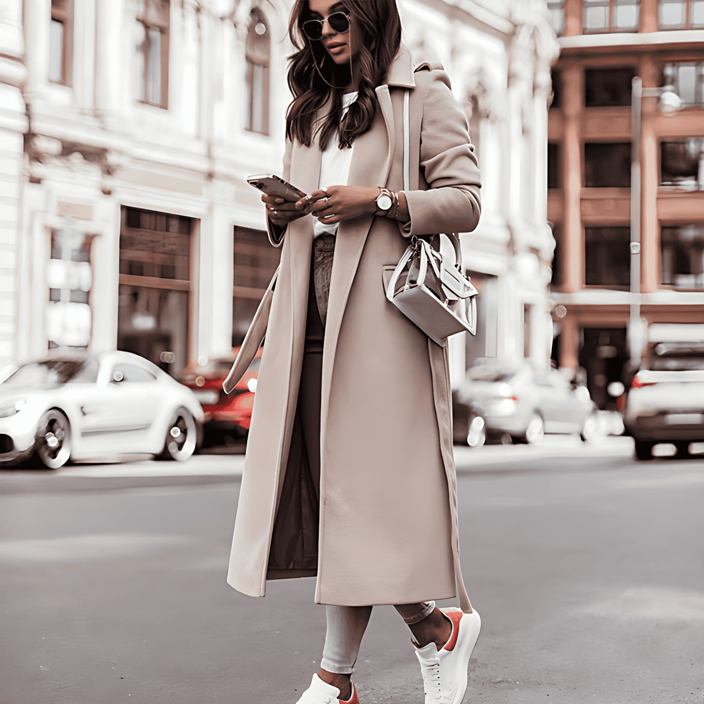 Donna - Cappotto lungo con risvolto a tacche - Cintura in vita