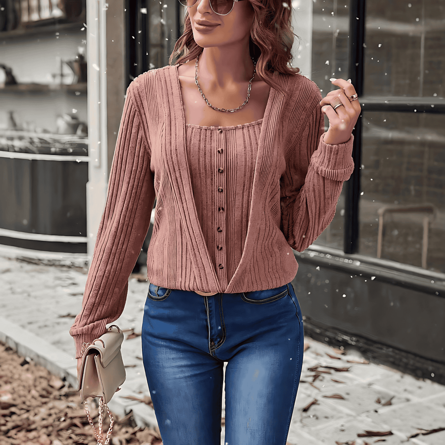 Donna - Cardigan con profondo scollo a V - Dettagli con bottoni
