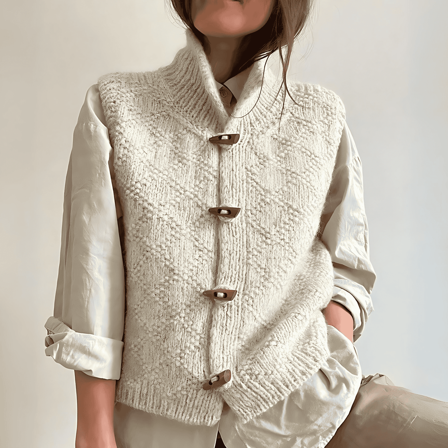 Donna - Gilet beige - Colletto in piedi e chiusura a strappo