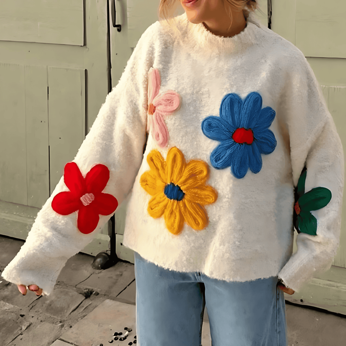 Donna - Maglia floreale bianca oversize - Maglia a maglia grossa