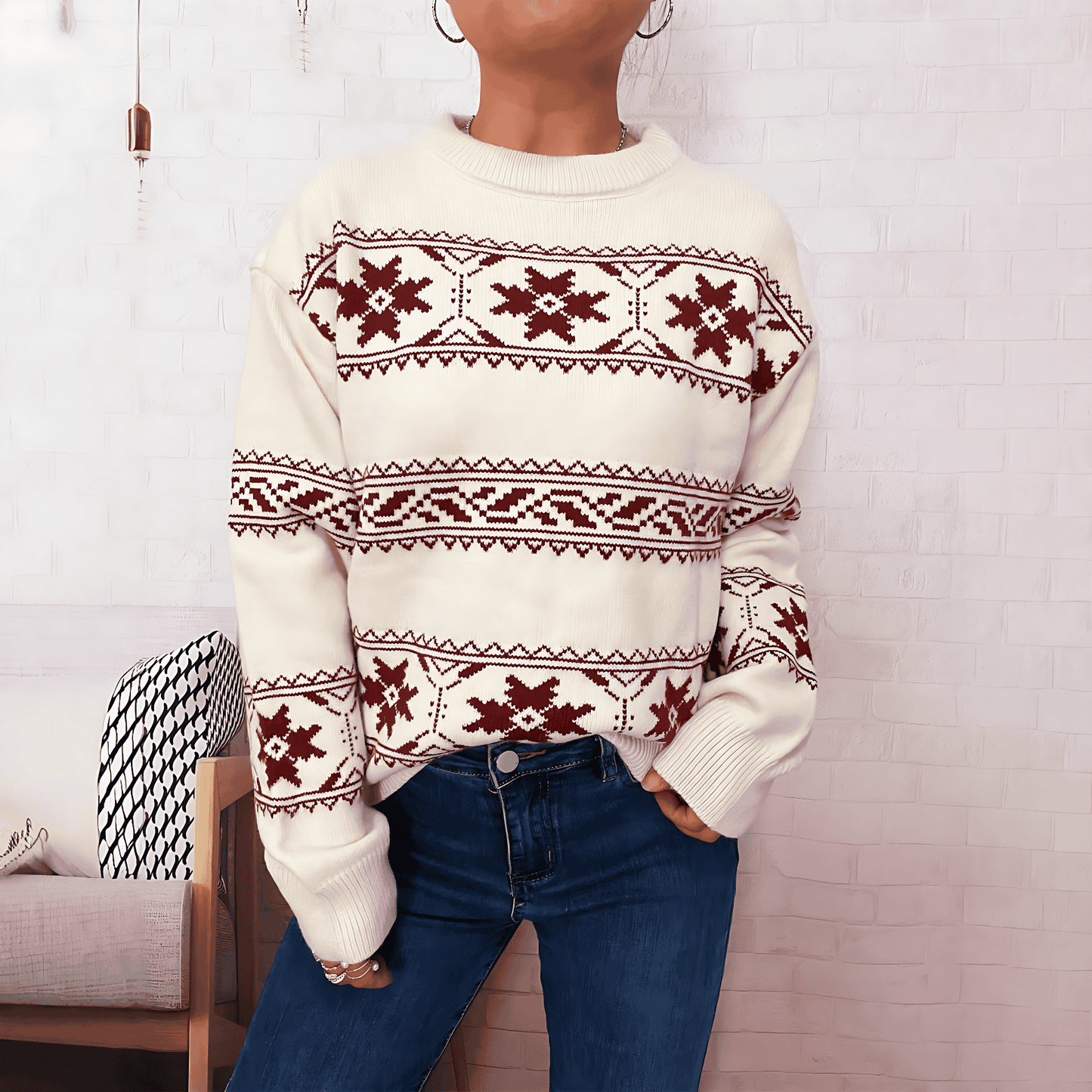 Donna - Maglione invernale - Maglia morbida con motivo a neve