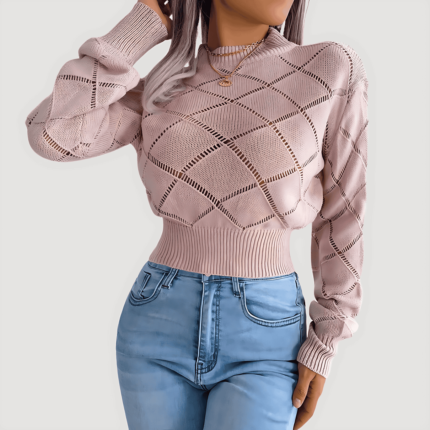 Donna - Maglione ritagliato a collo alto in maglia - Modello a diamante