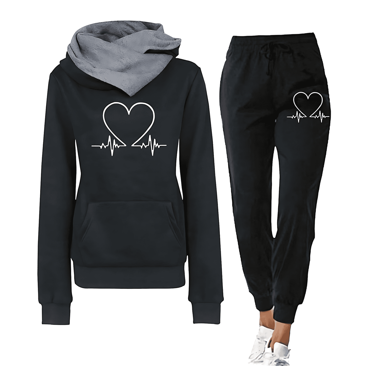 Donna - Set di abbigliamento da casa - Felpa con cappuccio e Joggers con stampa Battito del cuore