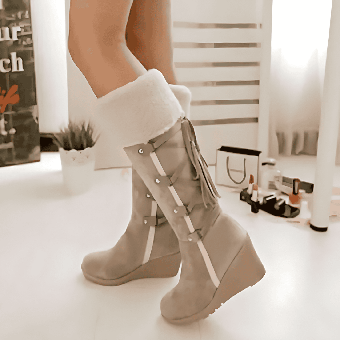 Donna - Stivali con zeppa al ginocchio - Cravatta con nappe