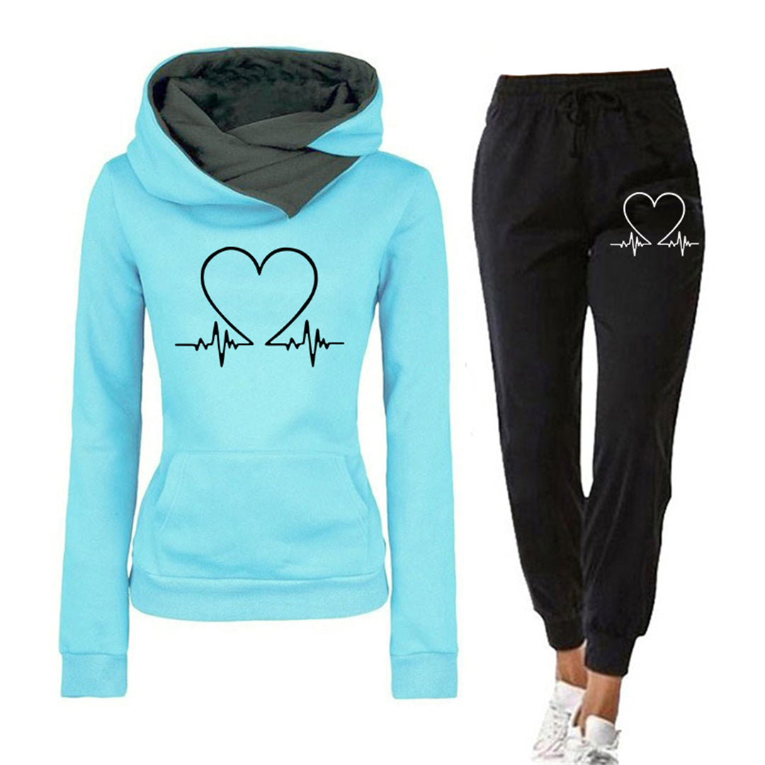 Donna - Set di abbigliamento da casa - Felpa con cappuccio e Joggers con stampa Battito del cuore