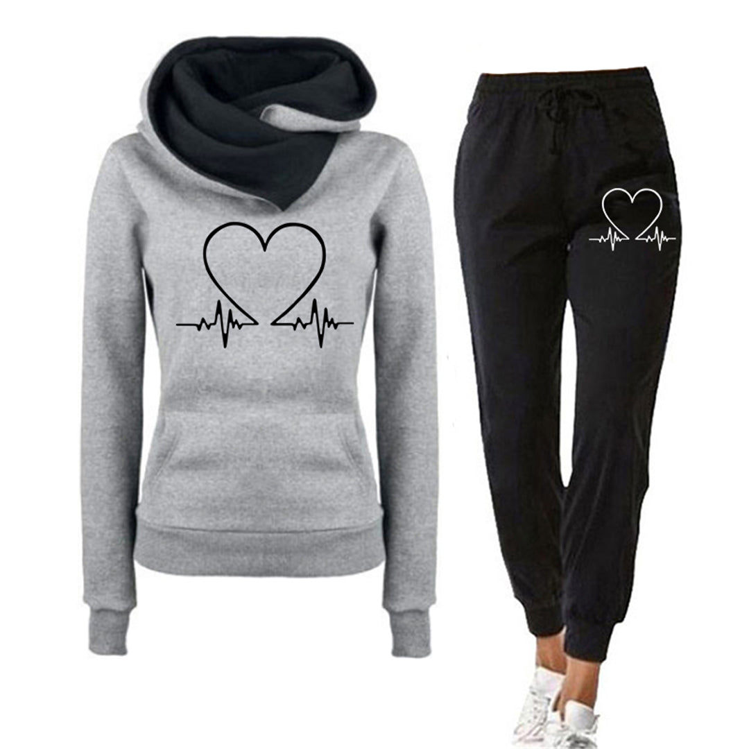 Donna - Set di abbigliamento da casa - Felpa con cappuccio e Joggers con stampa Battito del cuore