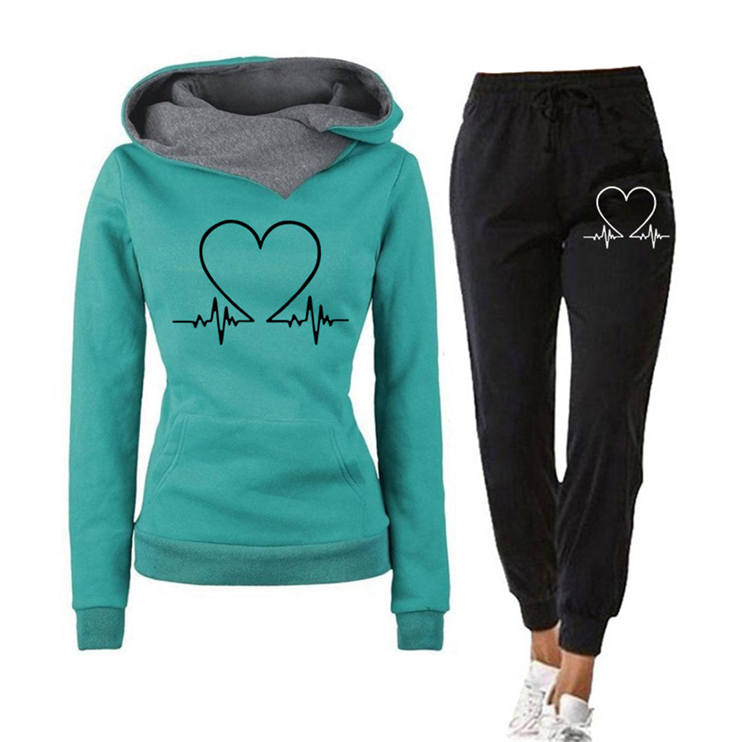 Donna - Set di abbigliamento da casa - Felpa con cappuccio e Joggers con stampa Battito del cuore