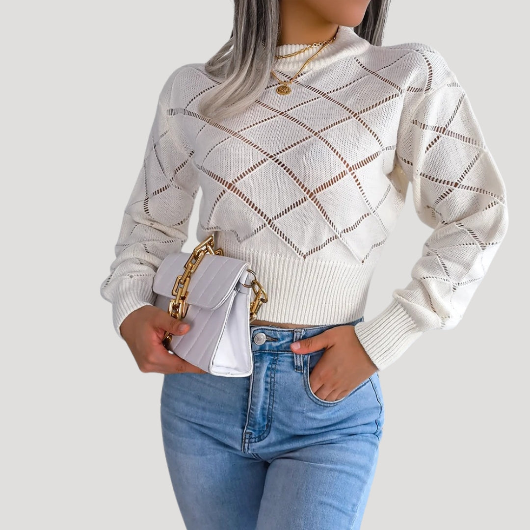 Donna - Maglione ritagliato a collo alto in maglia - Modello a diamante