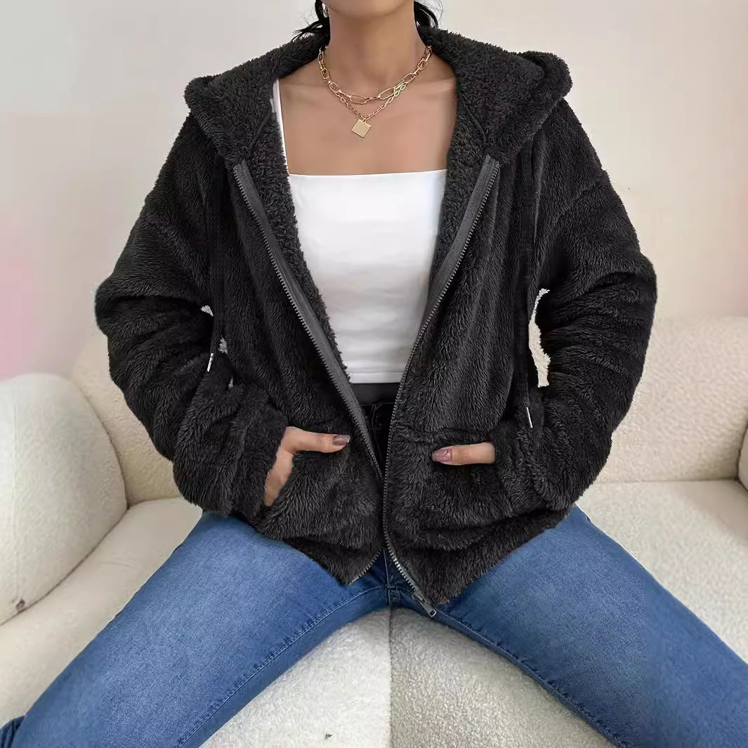 Donna - Accogliente giacca in pile con cappuccio e tasche