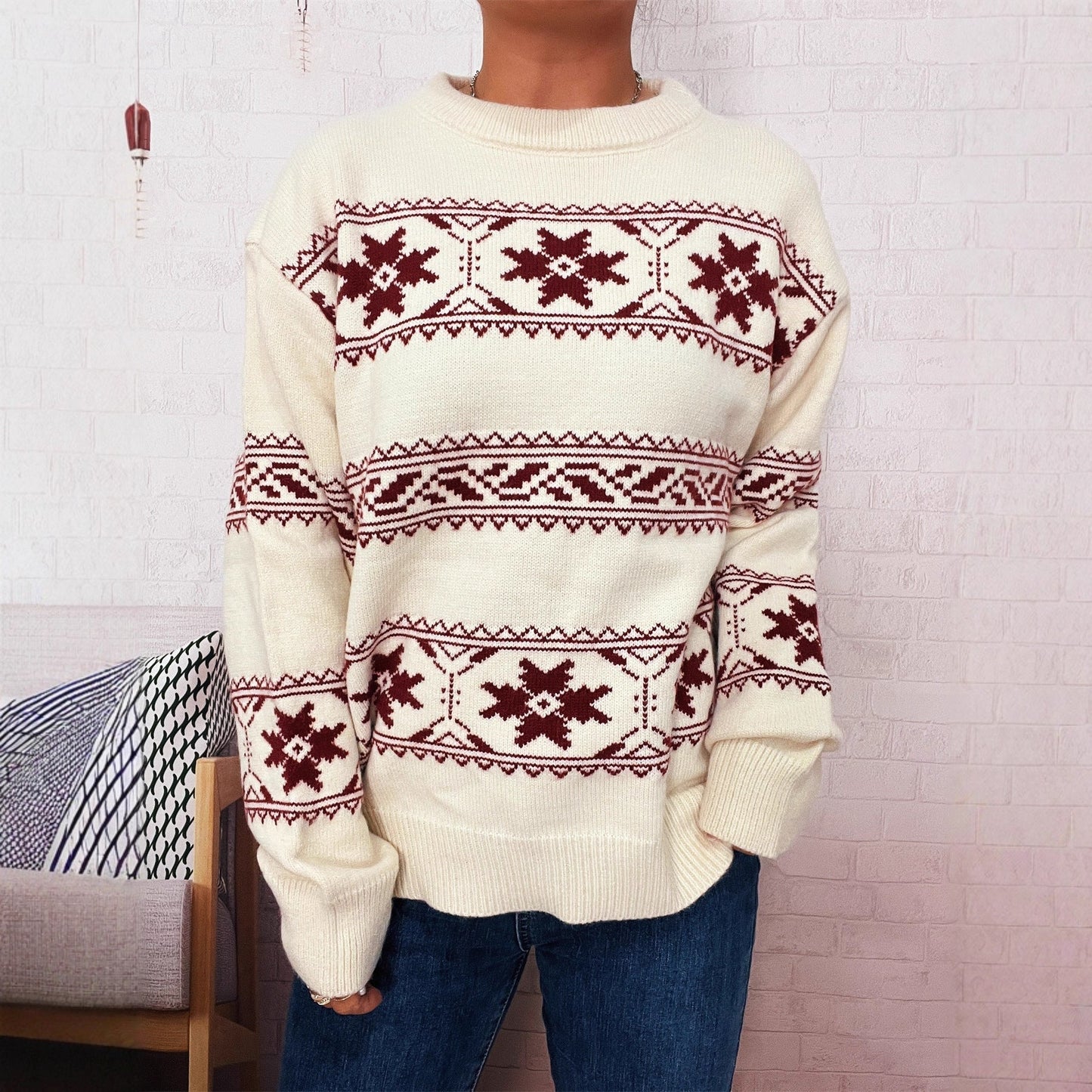 Donna - Maglione invernale - Maglia morbida con motivo a neve