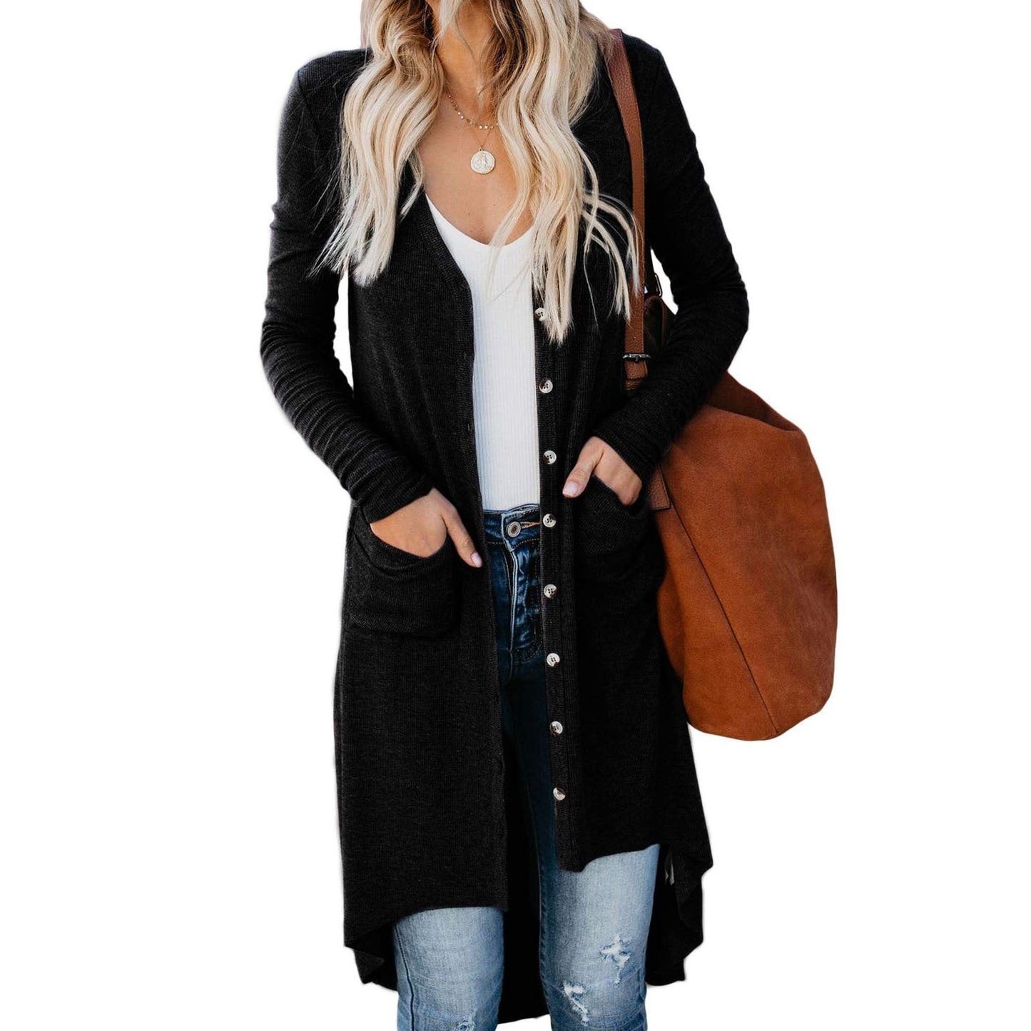 Donna - Cardigan lungo con bottoni e tasche