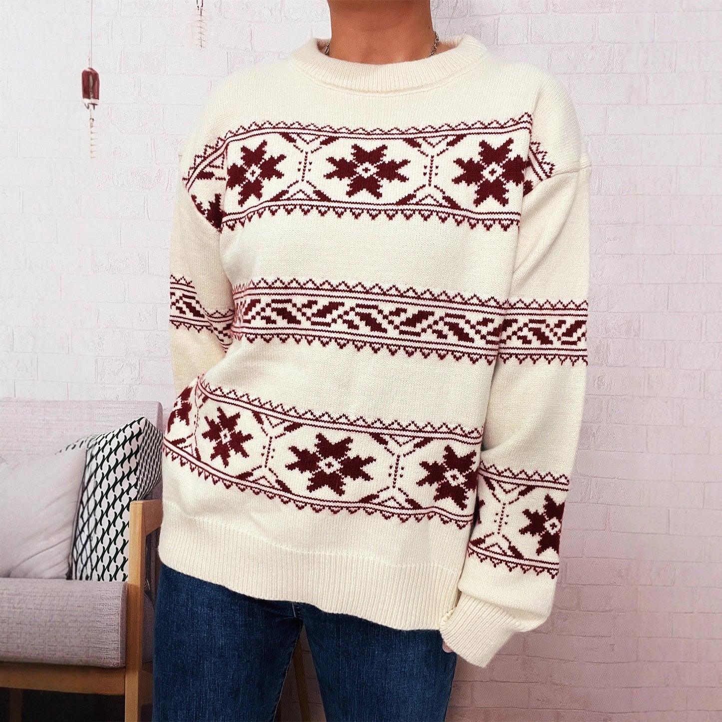 Donna - Maglione invernale - Maglia morbida con motivo a neve