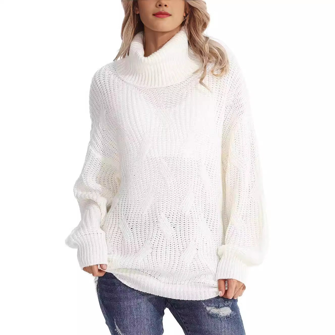 Donna - Maglia con motivo a cavi - Collo alto