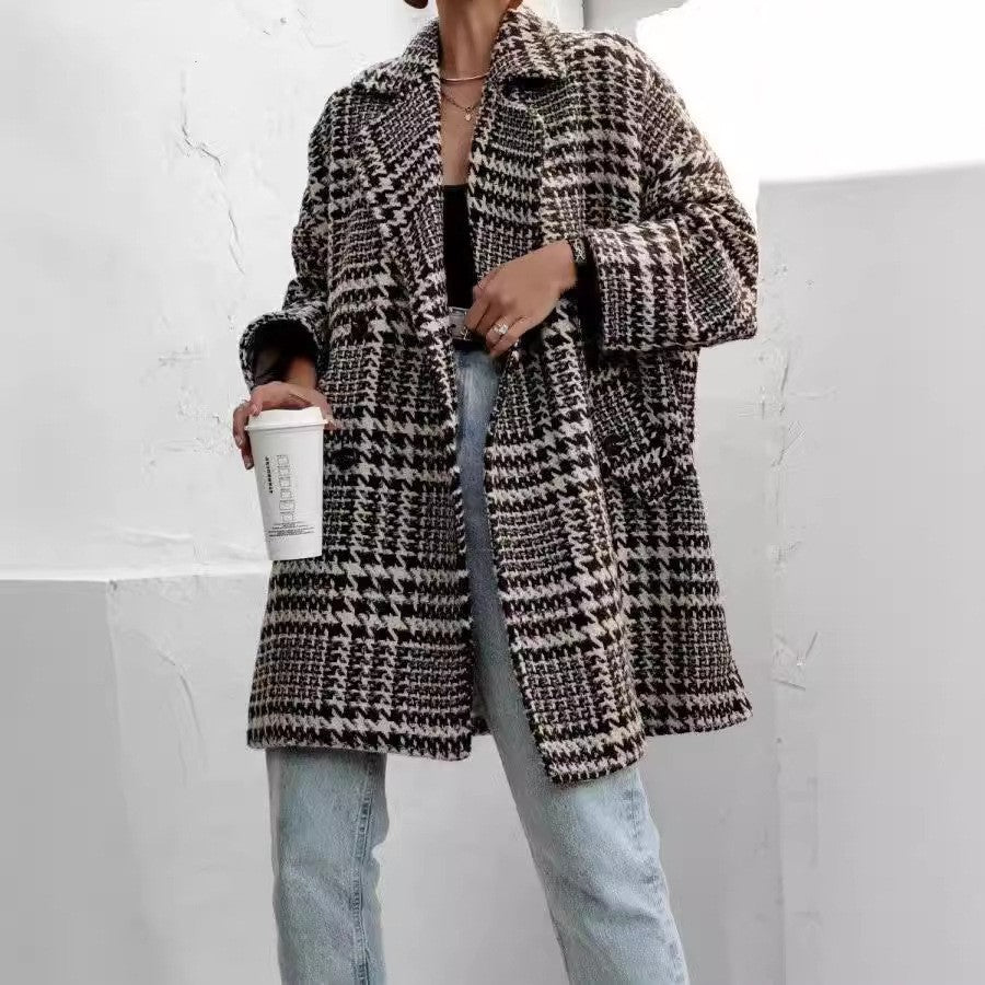 Donna - Cappotto fuori misura in lana check - Lunghezza al ginocchio