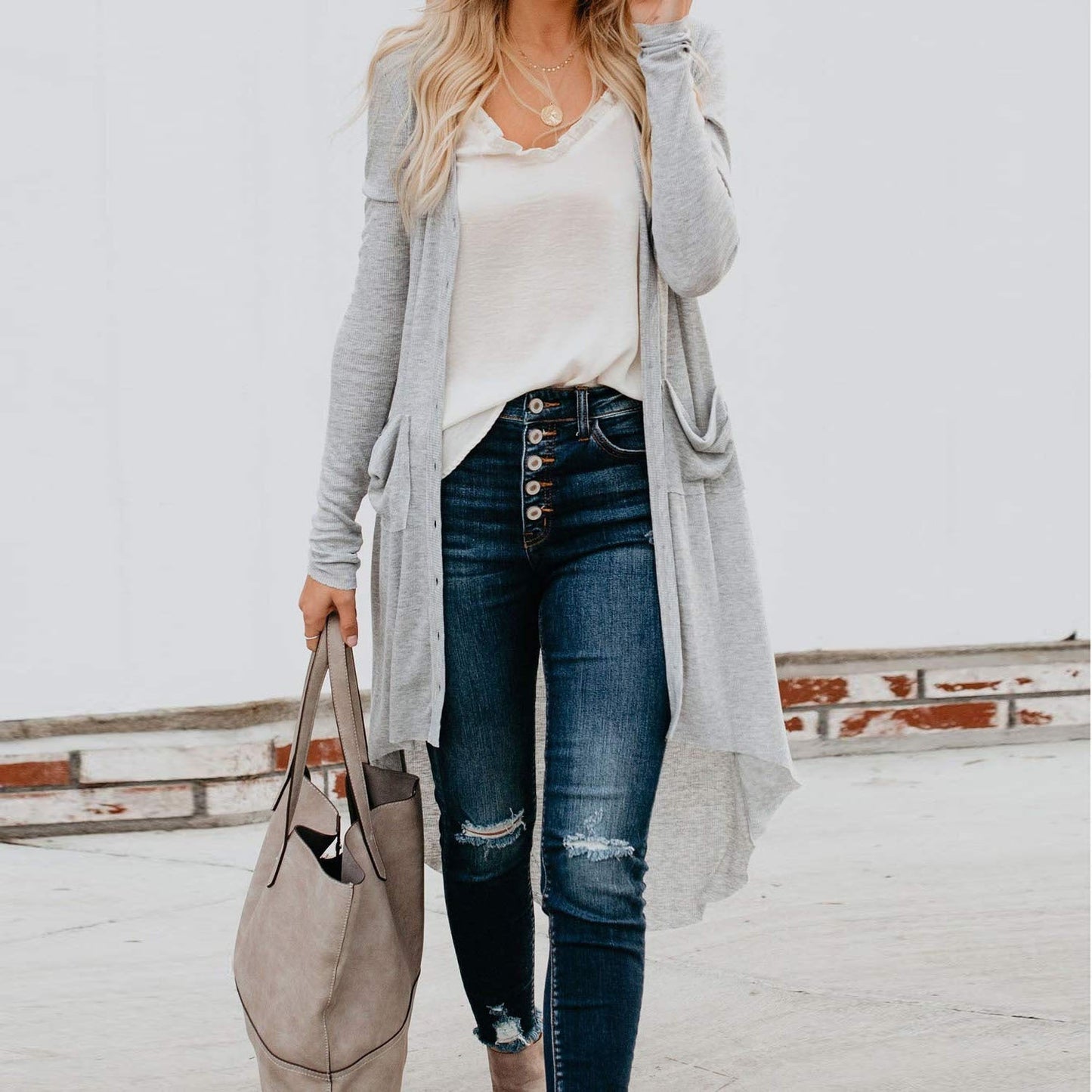 Donna - Cardigan lungo con bottoni e tasche