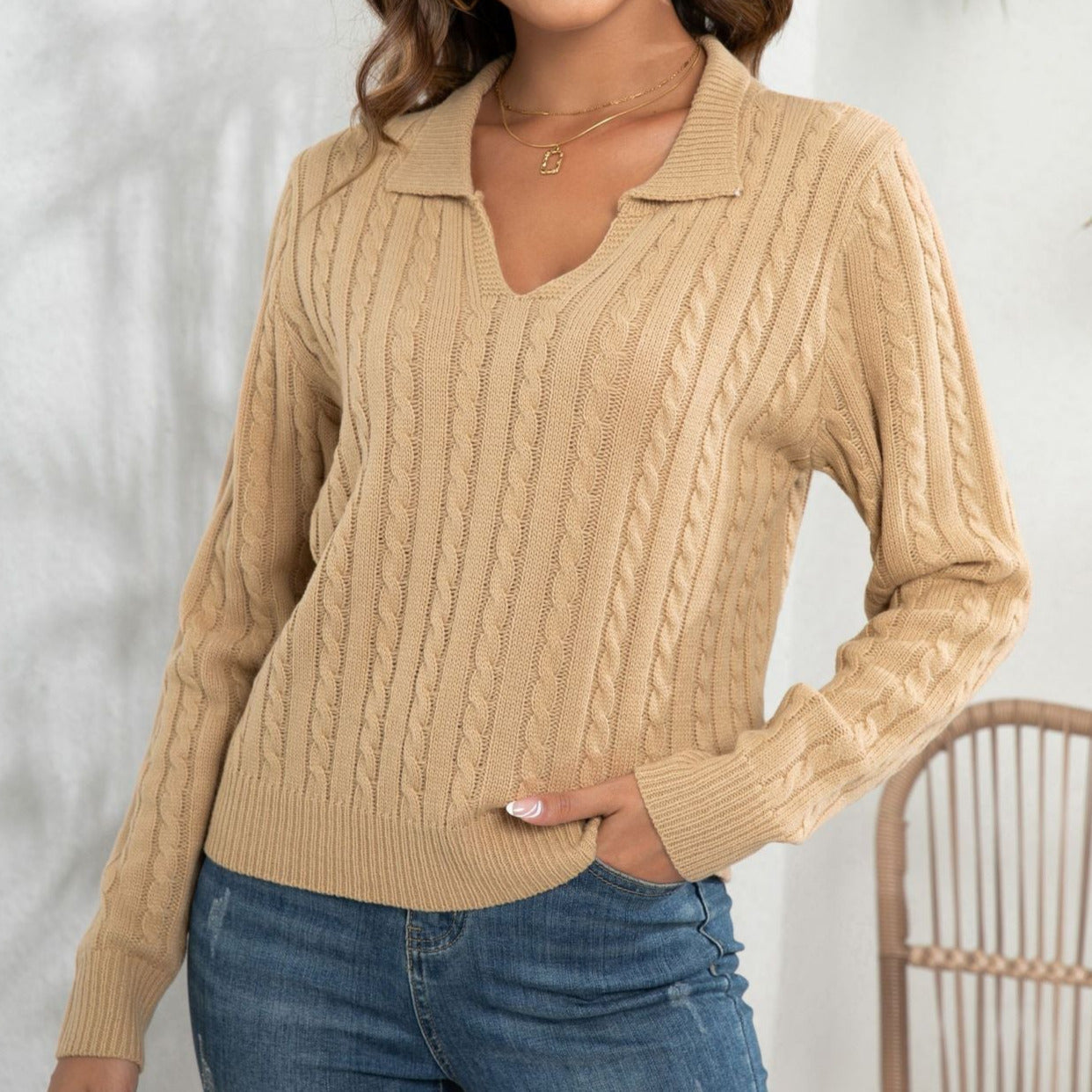 Donna - Maglione con scollo a V - il design a maglia a cavi