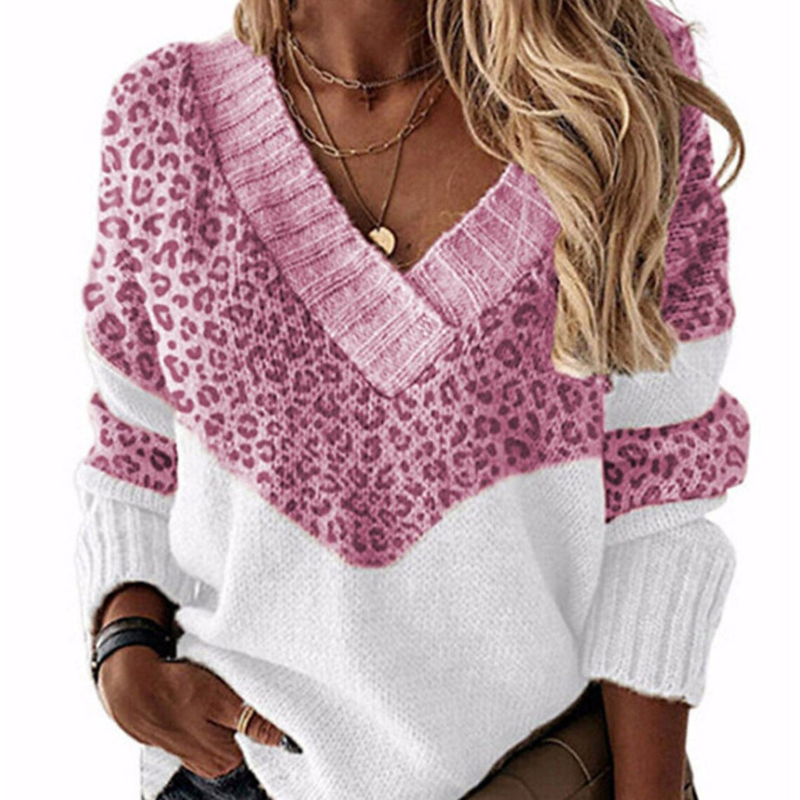 Donna - Maglia con scollo a V e stampa leopardata - Maglia alla moda