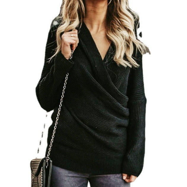 Donna - Elegante maglione casual in maglia con scollo profondo