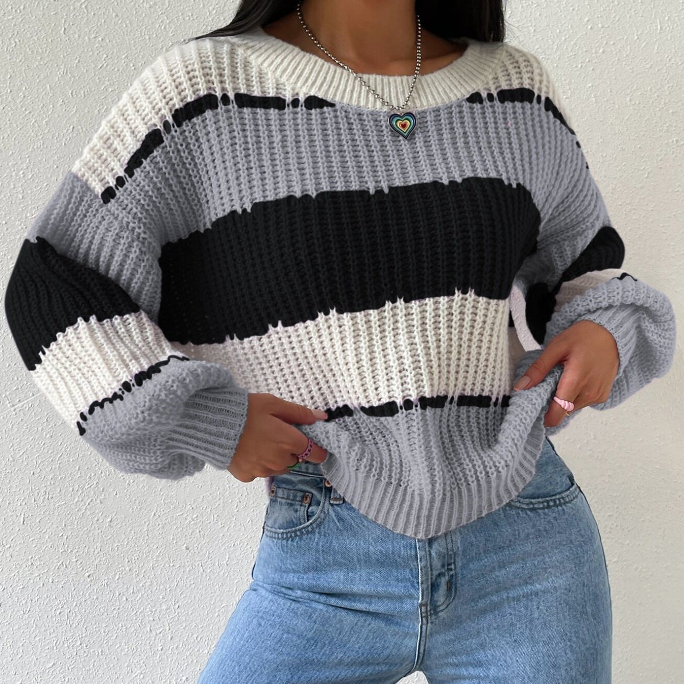 Donna - Maglia a maniche lunghe a righe - Girocollo
