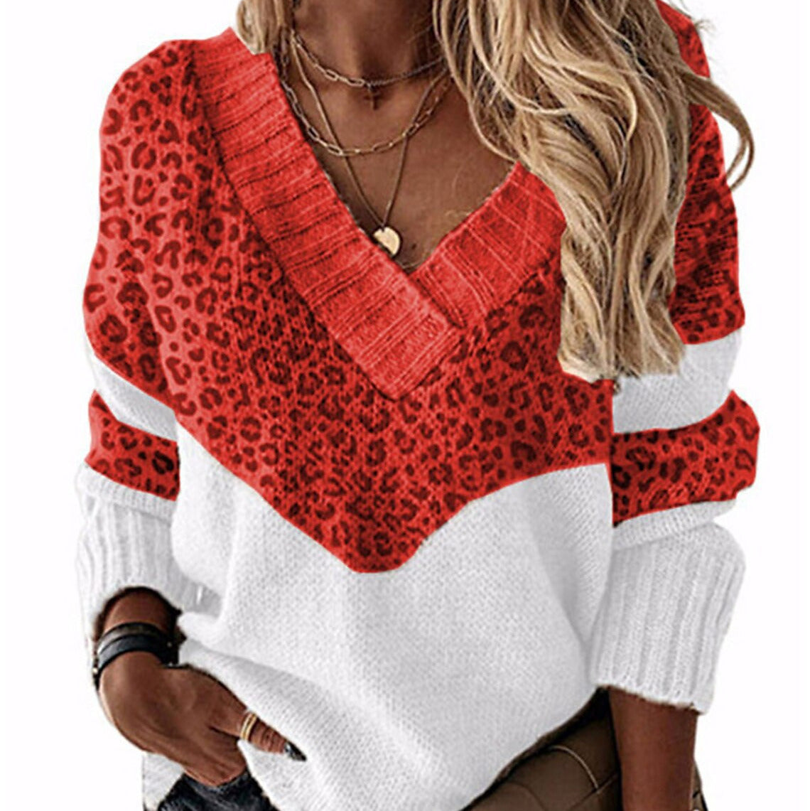 Donna - Maglia con scollo a V e stampa leopardata - Maglia alla moda