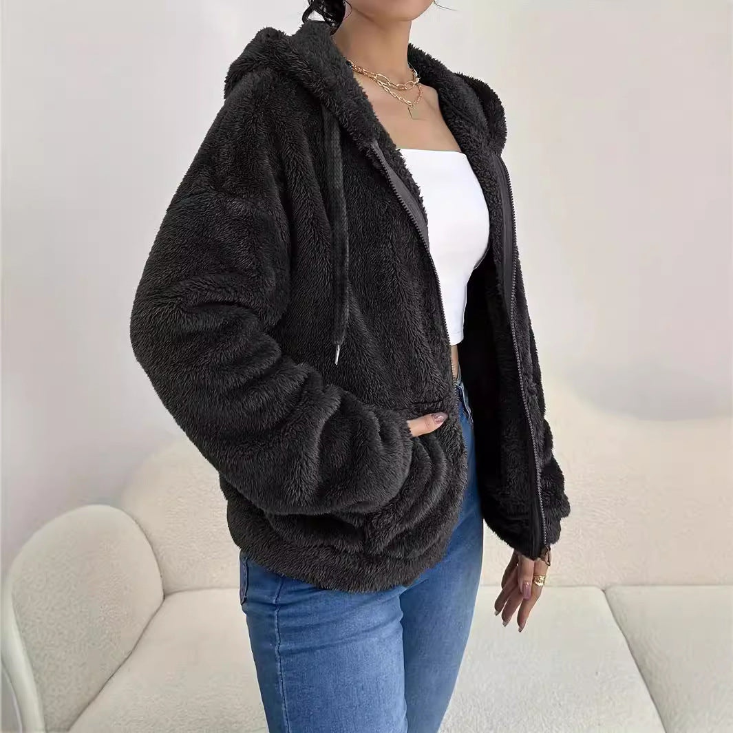 Donna - Accogliente giacca in pile con cappuccio e tasche