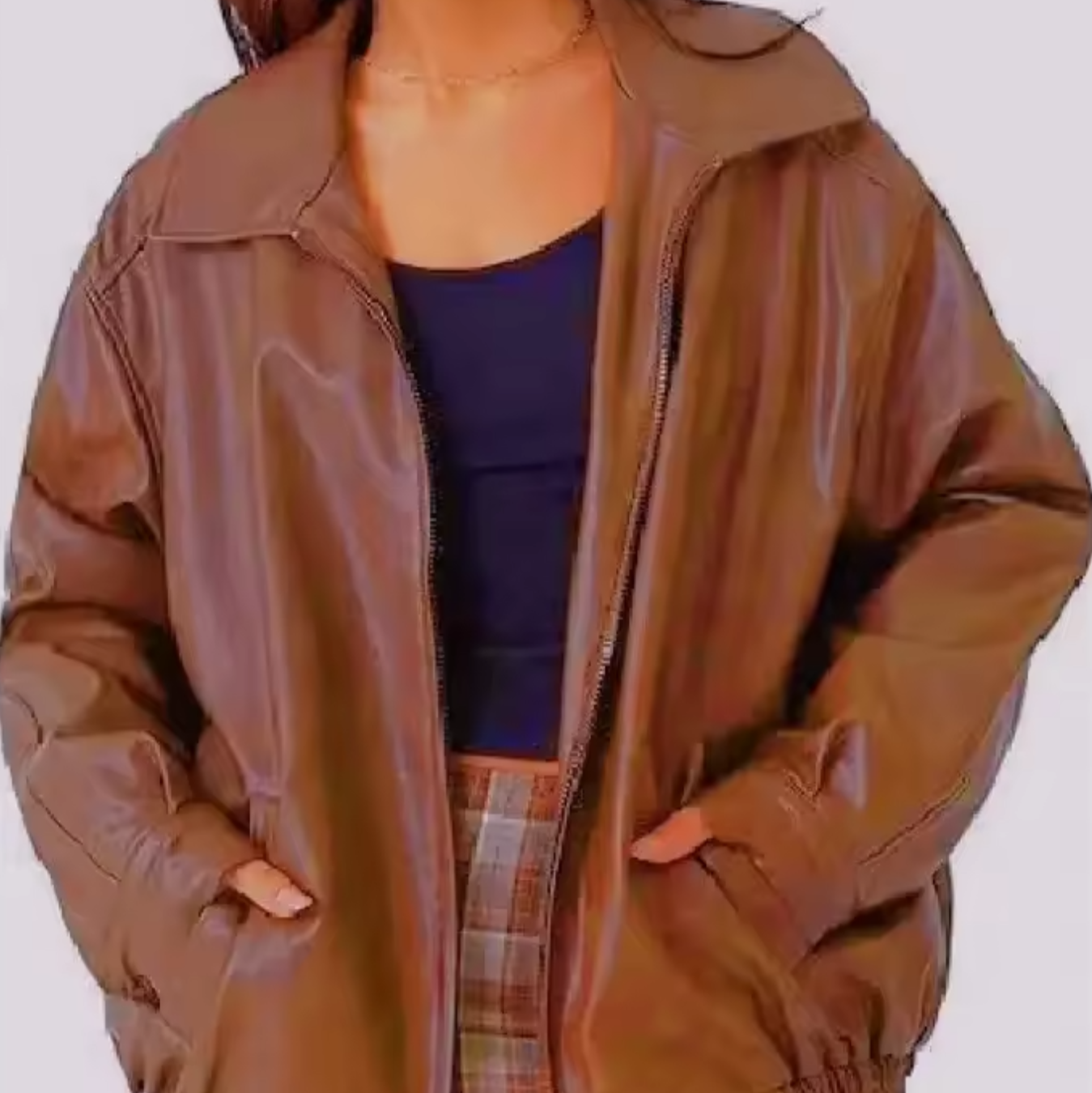 Donna - Giacca in pelle rilassata - Collo alto con zip