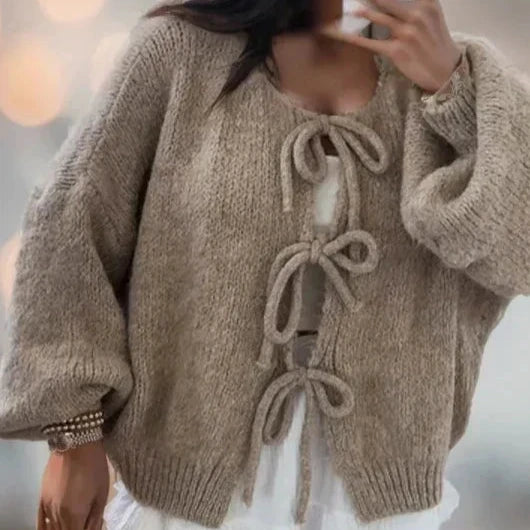 Donna - Cardigan lavorato a maglia con maniche a palloncino - Fronte cravatta