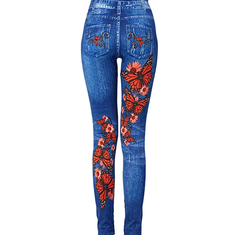 Donna - Jeggings a vita alta con disegno a farfalla