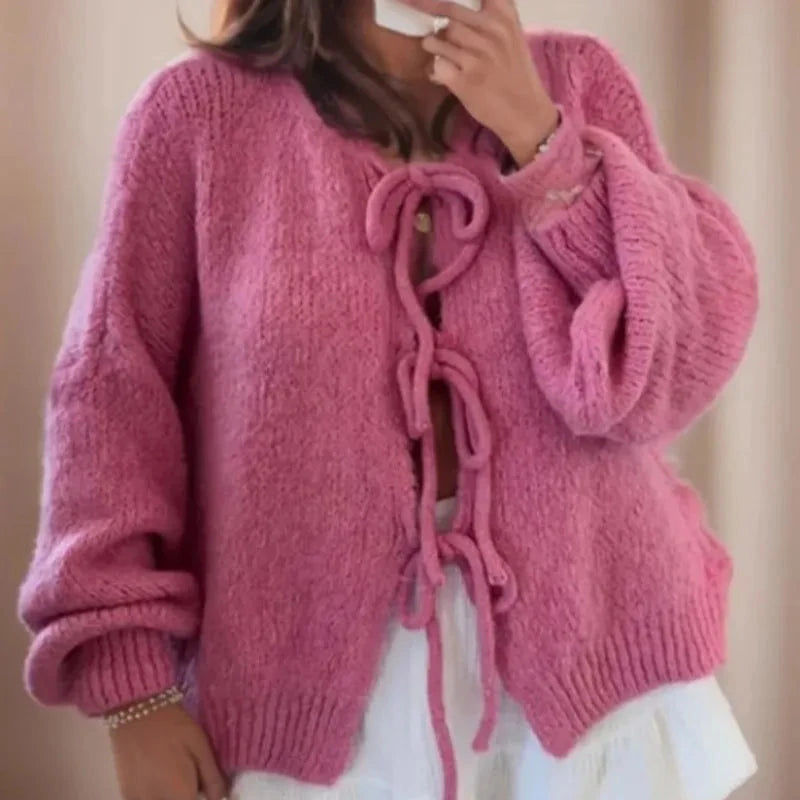 Donna - Cardigan lavorato a maglia con maniche a palloncino - Fronte cravatta