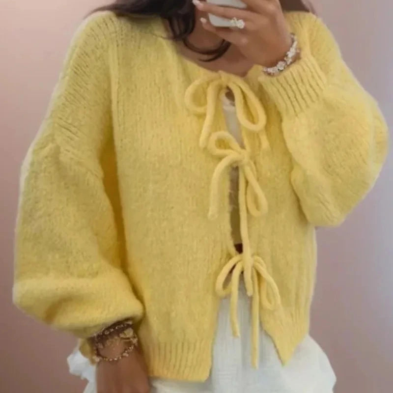 Donna - Cardigan lavorato a maglia con maniche a palloncino - Fronte cravatta