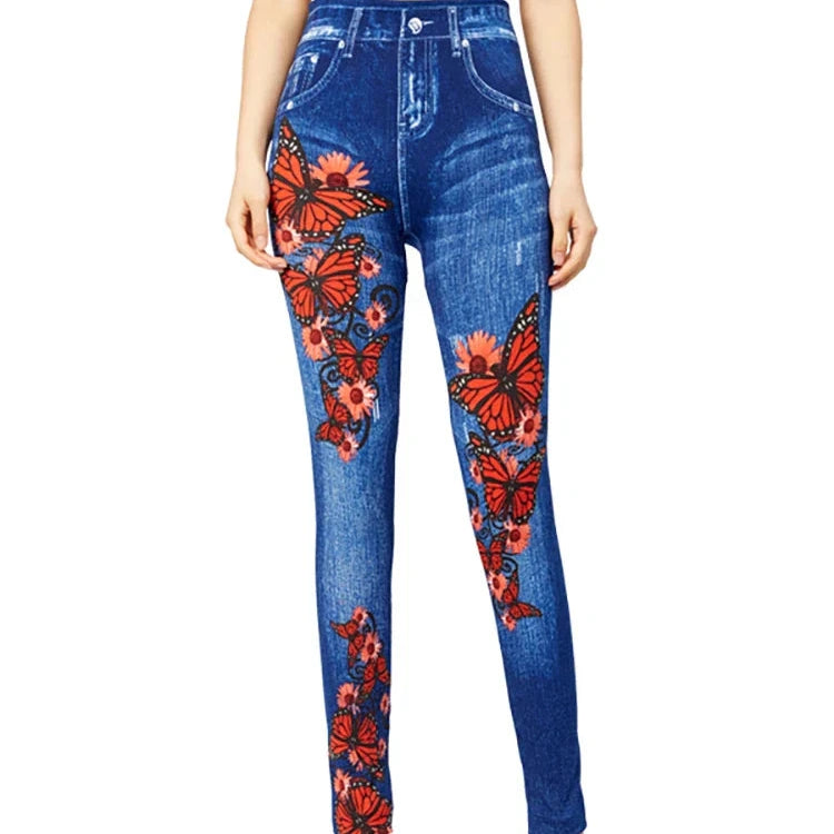 Donna - Jeggings a vita alta con disegno a farfalla