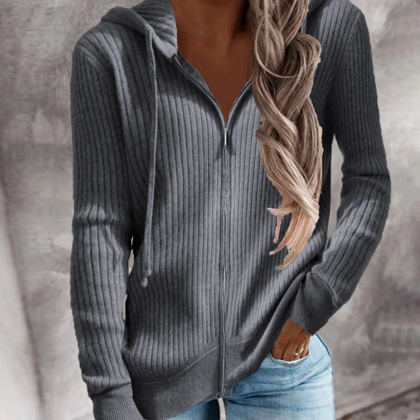 Donna - Felpa invernale con cappuccio e zip - Stile accogliente