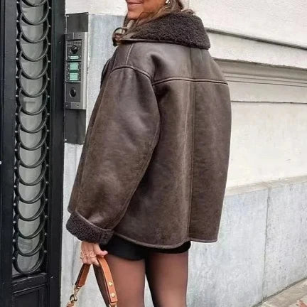 Donna - Giacca invernale in pelle - Fodera in peluche e collo ampio