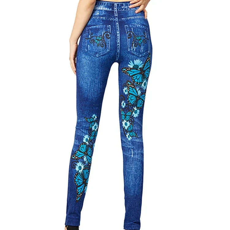 Donna - Jeggings a vita alta con disegno a farfalla