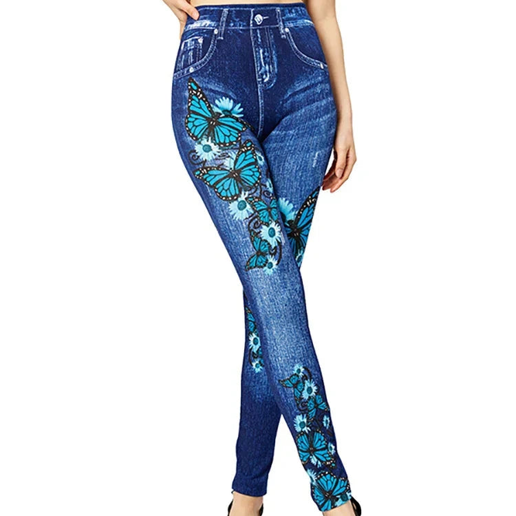 Donna - Jeggings a vita alta con disegno a farfalla