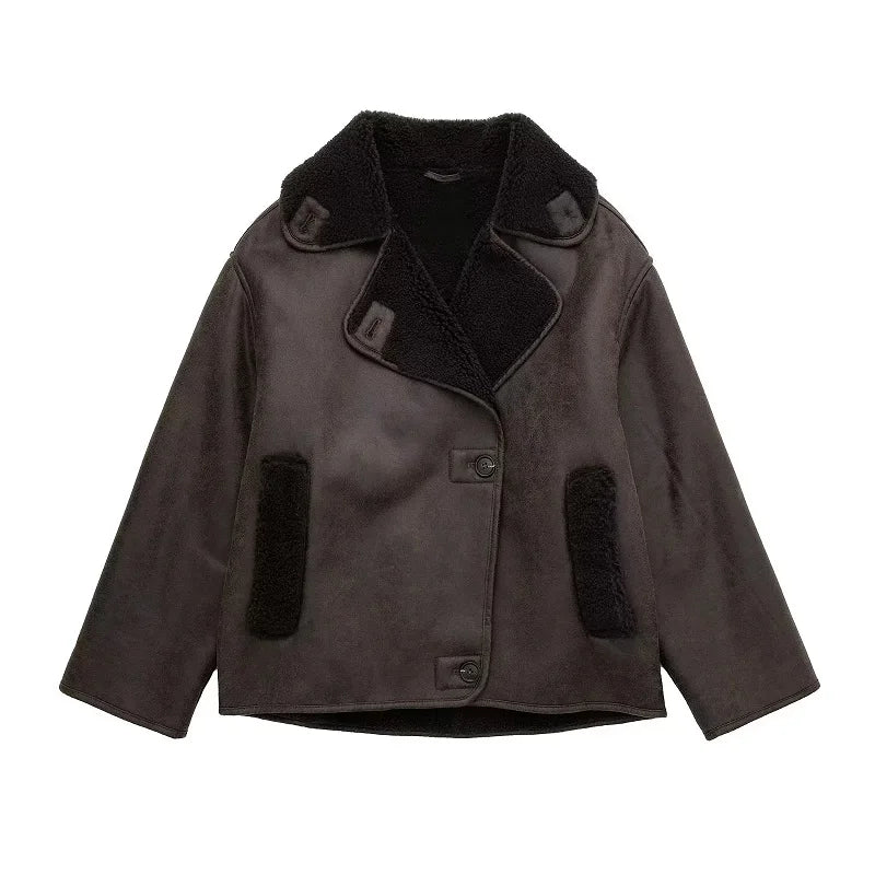 Donna - Giacca invernale in pelle - Fodera in peluche e collo ampio