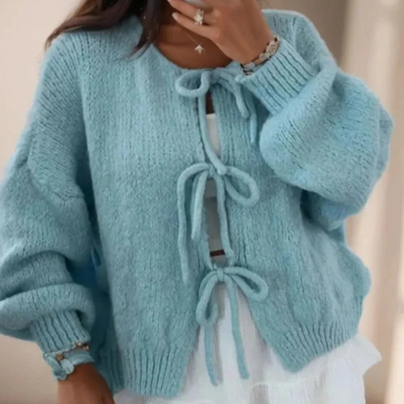 Donna - Cardigan lavorato a maglia con maniche a palloncino - Fronte cravatta