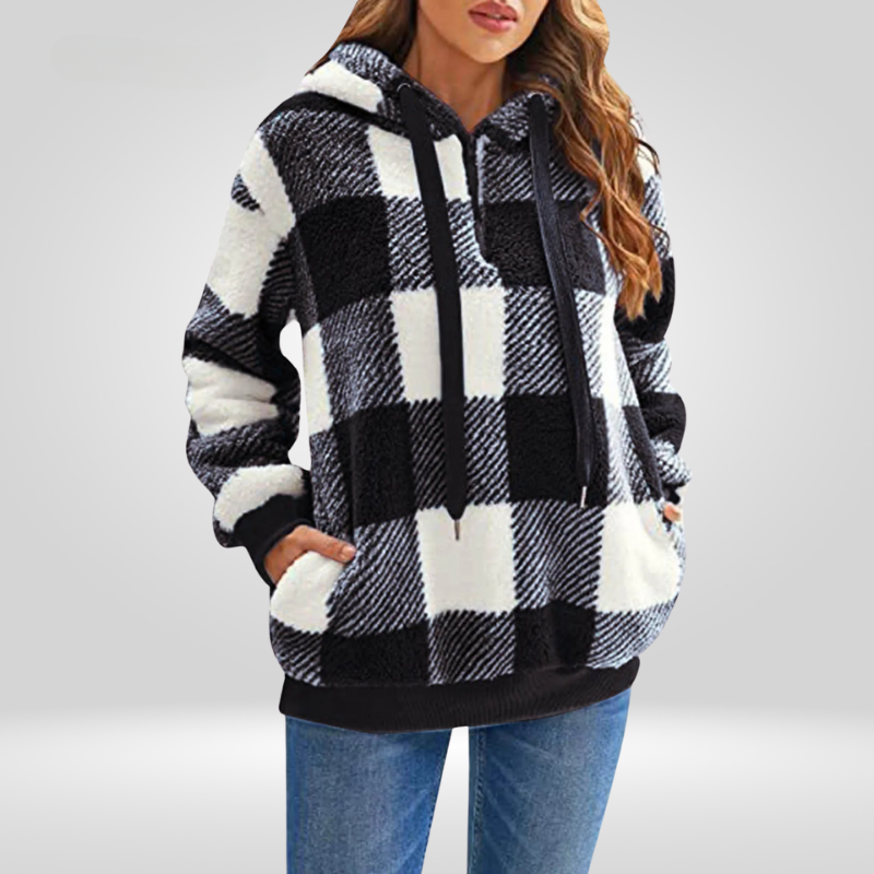 Donna - Felpa con cappuccio a quadri con mezza zip - Stile Accogliente