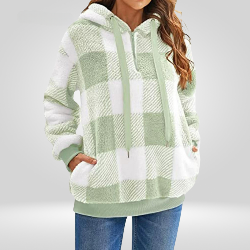 Donna - Felpa con cappuccio a quadri con mezza zip - Stile Accogliente
