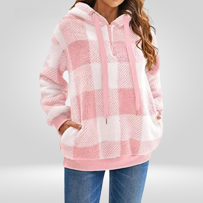 Donna - Felpa con cappuccio a quadri con mezza zip - Stile Accogliente